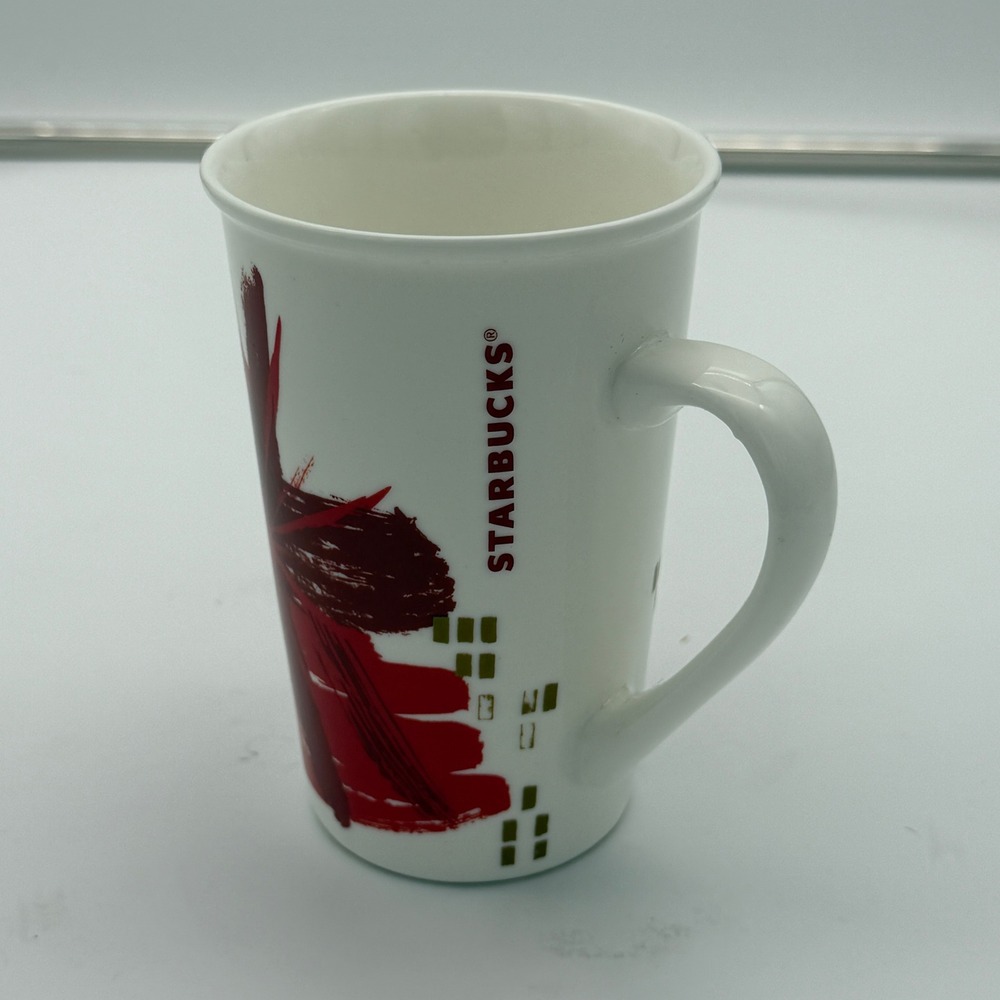 Starbucks 2014 Abstract Red Floral Brushstroke Ceramic Coffee Mug 12oz White
